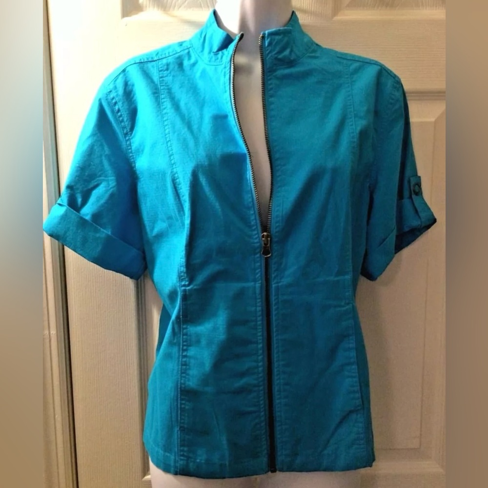 CHICO’S Regatta Cotton Seaway Aquarius Jack Coat Short Sleeve Turquoise Blue